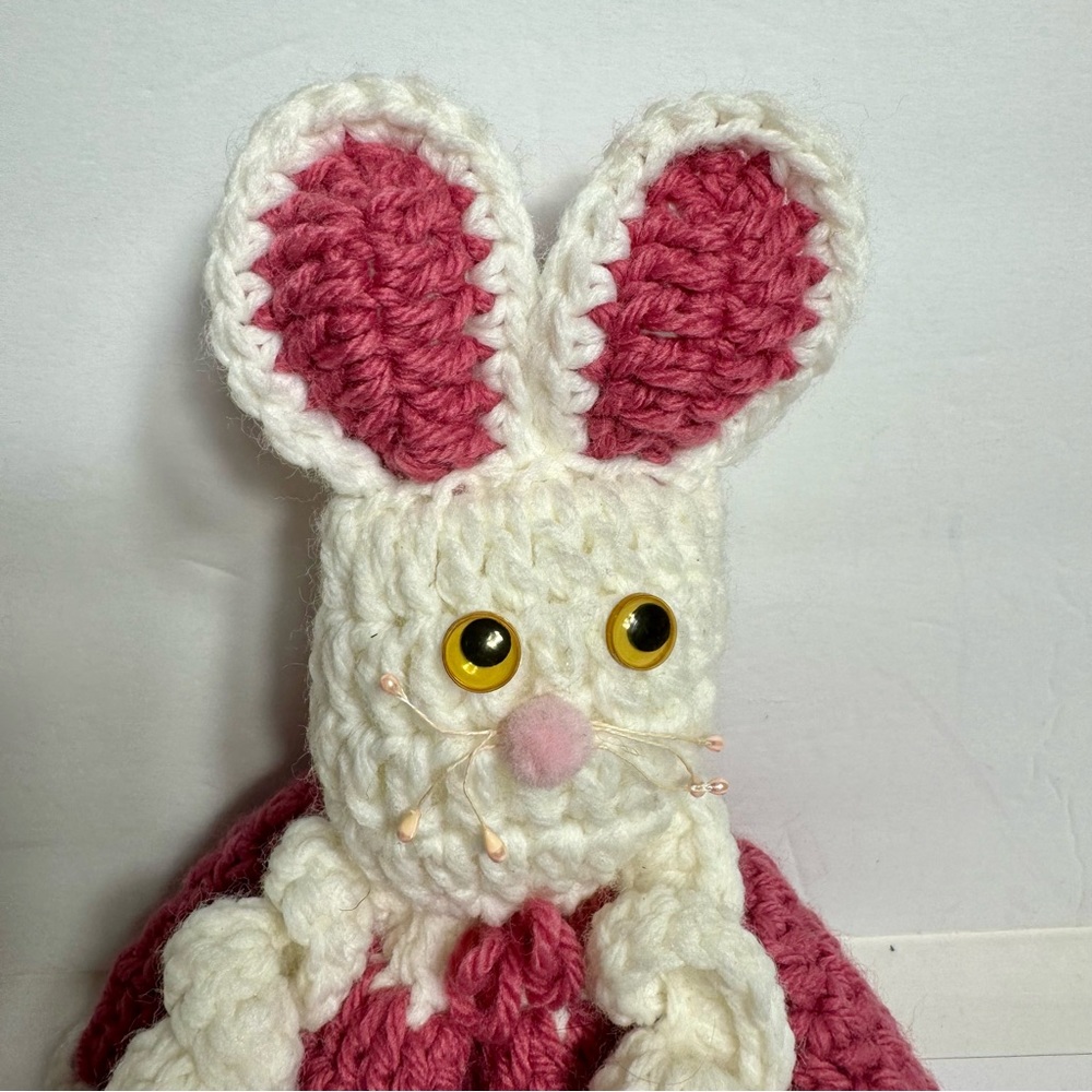 Handmade crochet bunny rabbit. Adorable rabbit wearing a flouncy pink dress. - Picture 2 of 9